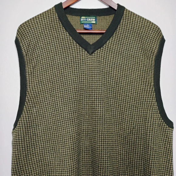 Vintage Ivy Crew Sweater Vest Mens  Large Green Heritage Houndstooth Preppy - Picture 3 of 11